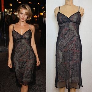 BCBGMAXAZRIA Vintage 90s Navy Printed Sheer Sleeveless Cocktail Midi Dress